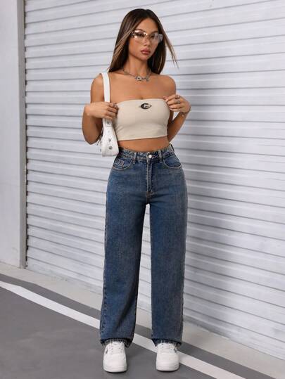 SHEIN PETITE سراويل جينز واسعة للنساء بخصر مستقيم وجيوب
