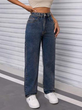 SHEIN PETITE سراويل جينز واسعة للنساء بخصر مستقيم وجيوب