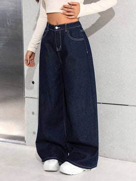 SHEIN جينز بنطلون فضفاض بأرجل عريضة أزرق داكن للمراهقات