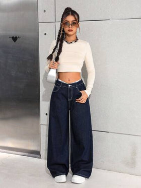 SHEIN جينز بنطلون فضفاض بأرجل عريضة أزرق داكن للمراهقات
