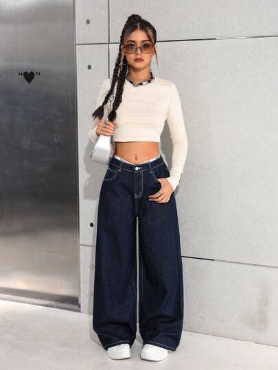 SHEIN جينز بنطلون فضفاض بأرجل عريضة أزرق داكن للمراهقات
