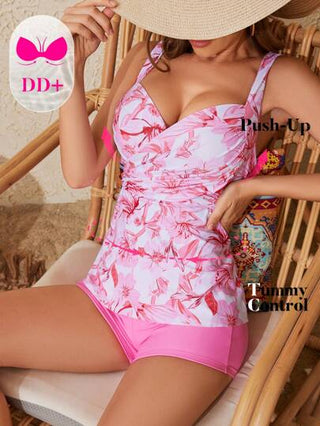 طقم تانكيني حريمي Swim DD+ مجموعة بيكيني شورت سباحة أحادي اللون وأعلى طويل به ربطة متقاطعة والطبعة عشوائية مكونة من قطعتين للنساء في الصيف