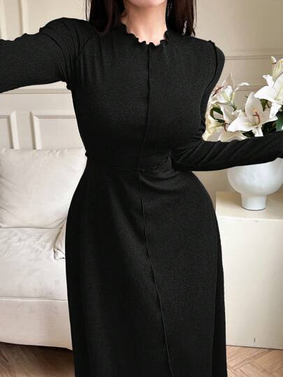 Modelyn فستان كاجوال طويل الأكمام ذو رقبة دائرية صلب اللون، متعدد الاستخدامات للنساء