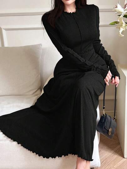 Modelyn فستان كاجوال طويل الأكمام ذو رقبة دائرية صلب اللون، متعدد الاستخدامات للنساء