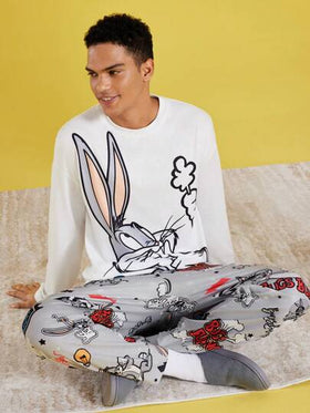 LOONEY TUNES X SHEIN طقم ملابس منزلية مكون من قميص كاجوال بأكمام طويلة مطبوع عليه أرنب كرتوني فضفاض محبوك وبنطلون رمادي مضحك، مجموعة ملابس منزلية للخريف والشتاء