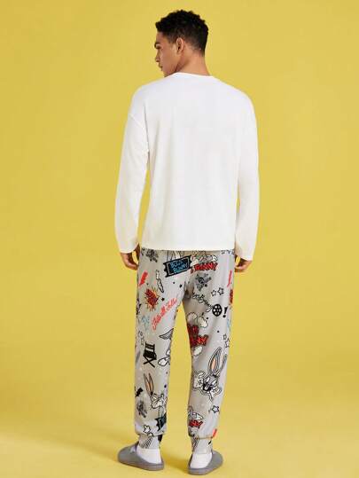 LOONEY TUNES X SHEIN طقم ملابس منزلية مكون من قميص كاجوال بأكمام طويلة مطبوع عليه أرنب كرتوني فضفاض محبوك وبنطلون رمادي مضحك، مجموعة ملابس منزلية للخريف والشتاء