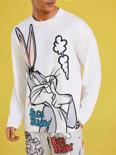 LOONEY TUNES X SHEIN طقم ملابس منزلية مكون من قميص كاجوال بأكمام طويلة مطبوع عليه أرنب كرتوني فضفاض محبوك وبنطلون رمادي مضحك، مجموعة ملابس منزلية للخريف والشتاء