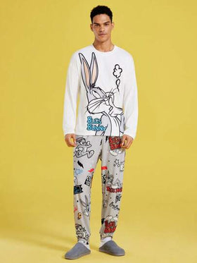 LOONEY TUNES X SHEIN طقم ملابس منزلية مكون من قميص كاجوال بأكمام طويلة مطبوع عليه أرنب كرتوني فضفاض محبوك وبنطلون رمادي مضحك، مجموعة ملابس منزلية للخريف والشتاء