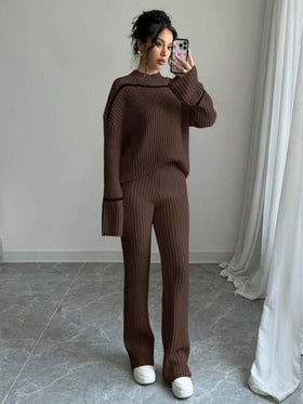 Selianne مجموعة ملابس علوية وبنطال كاجوال للنساء من قطعتين لون أحادي متناسق مع طوق عالي وأكمام طويلة