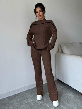 Selianne مجموعة ملابس علوية وبنطال كاجوال للنساء من قطعتين لون أحادي متناسق مع طوق عالي وأكمام طويلة