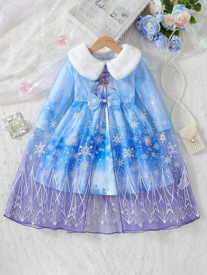 SHEIN Elladie kids مجموعة فستان أنيق بأكمام طويلة للفتيات الصغيرات للربيع/الخريف بطراز أميرة مع رداء كيب من الشبك، لمناسبة عيد الميلاد