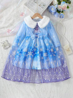 SHEIN Elladie kids مجموعة فستان أنيق بأكمام طويلة للفتيات الصغيرات للربيع/الخريف بطراز أميرة مع رداء كيب من الشبك، لمناسبة عيد الميلاد