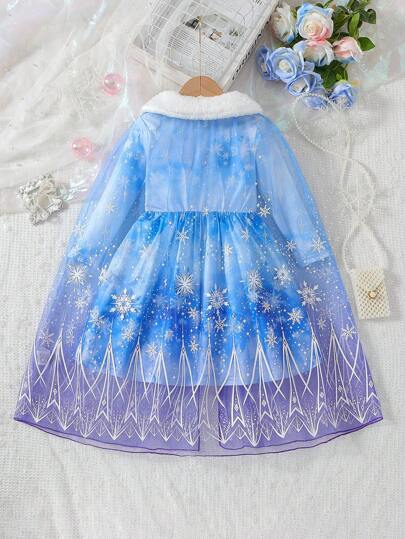 SHEIN Elladie kids مجموعة فستان أنيق بأكمام طويلة للفتيات الصغيرات للربيع/الخريف بطراز أميرة مع رداء كيب من الشبك، لمناسبة عيد الميلاد