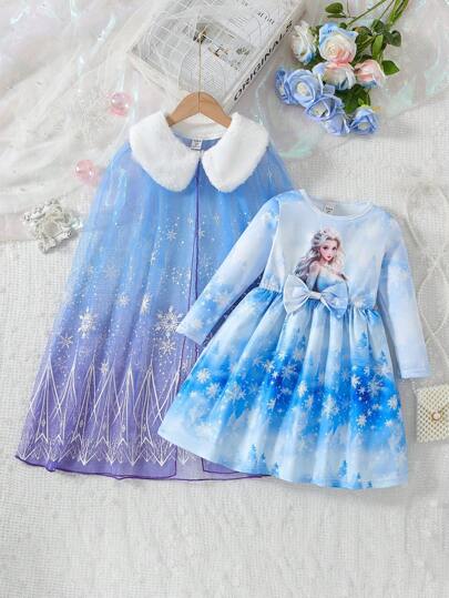 SHEIN Elladie kids مجموعة فستان أنيق بأكمام طويلة للفتيات الصغيرات للربيع/الخريف بطراز أميرة مع رداء كيب من الشبك، لمناسبة عيد الميلاد