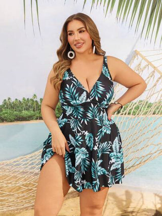 Swim Lushoire مجموعة ملابس سباحة ذات شورت صيفي وتريكيني مطبوعة بطبعة نباتات استوائية للمرأة ذات الجسم الممتلئ