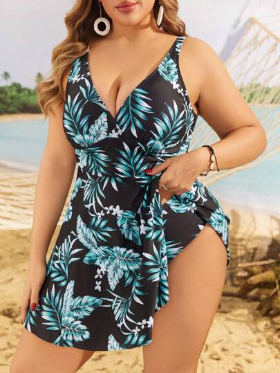 Swim Lushoire مجموعة ملابس سباحة ذات شورت صيفي وتريكيني مطبوعة بطبعة نباتات استوائية للمرأة ذات الجسم الممتلئ