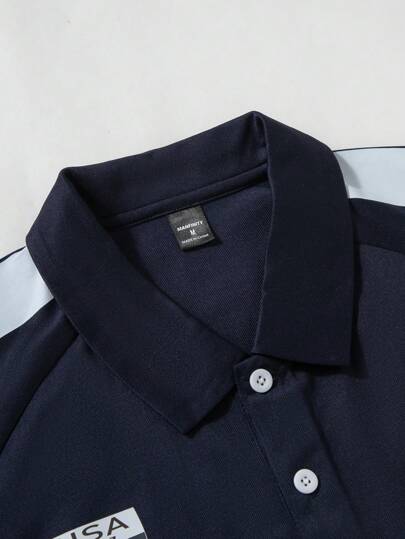 Manfinity Homme قميص بولو للرجال للصيف والاستخدام اليومي، طباعة حرفية و لون متباين، فتحة أزرار متشطرة وياقة قصيرة، مناسب للجولف والأصدقاء