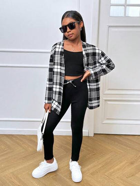 SHEIN Leap Crew طقم نوفا جلو المكون من 3 قطع للفتيات المراهقات: كارديجان بأكمام طويلة على طراز المدينة الأنيق ذو نقش المربعات، وبلوزة عنق قطني وسروال ضيق