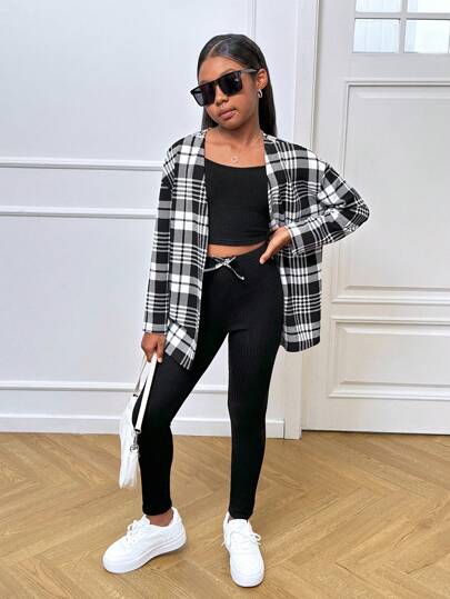 SHEIN Leap Crew طقم نوفا جلو المكون من 3 قطع للفتيات المراهقات: كارديجان بأكمام طويلة على طراز المدينة الأنيق ذو نقش المربعات، وبلوزة عنق قطني وسروال ضيق