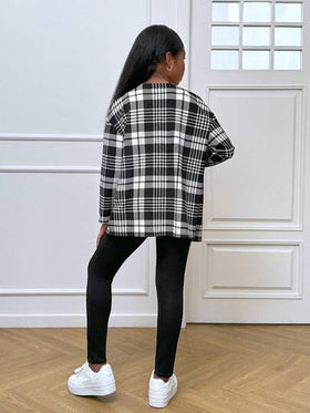 SHEIN Leap Crew طقم نوفا جلو المكون من 3 قطع للفتيات المراهقات: كارديجان بأكمام طويلة على طراز المدينة الأنيق ذو نقش المربعات، وبلوزة عنق قطني وسروال ضيق