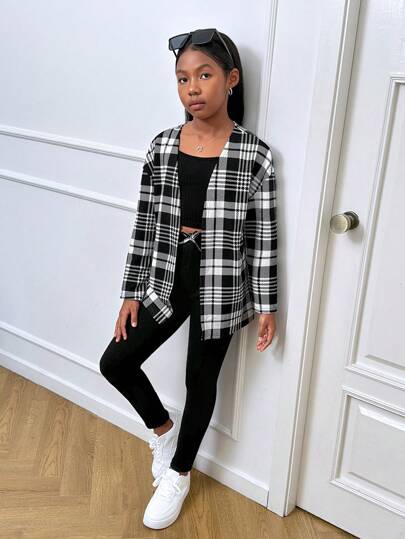 SHEIN Leap Crew طقم نوفا جلو المكون من 3 قطع للفتيات المراهقات: كارديجان بأكمام طويلة على طراز المدينة الأنيق ذو نقش المربعات، وبلوزة عنق قطني وسروال ضيق