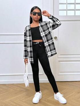 SHEIN Leap Crew طقم نوفا جلو المكون من 3 قطع للفتيات المراهقات: كارديجان بأكمام طويلة على طراز المدينة الأنيق ذو نقش المربعات، وبلوزة عنق قطني وسروال ضيق