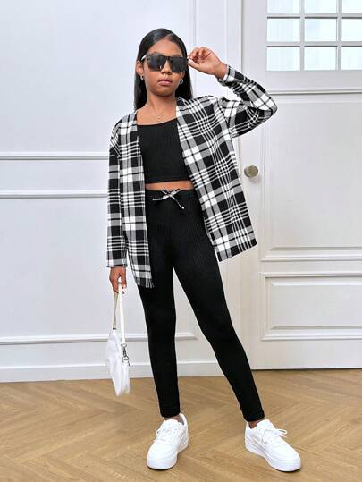 SHEIN Leap Crew طقم نوفا جلو المكون من 3 قطع للفتيات المراهقات: كارديجان بأكمام طويلة على طراز المدينة الأنيق ذو نقش المربعات، وبلوزة عنق قطني وسروال ضيق