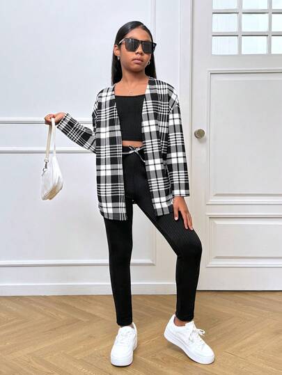 SHEIN Leap Crew طقم نوفا جلو المكون من 3 قطع للفتيات المراهقات: كارديجان بأكمام طويلة على طراز المدينة الأنيق ذو نقش المربعات، وبلوزة عنق قطني وسروال ضيق
