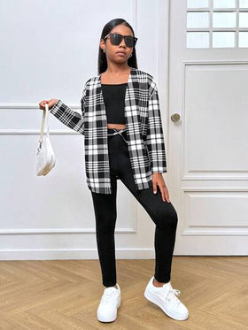 SHEIN Leap Crew طقم نوفا جلو المكون من 3 قطع للفتيات المراهقات: كارديجان بأكمام طويلة على طراز المدينة الأنيق ذو نقش المربعات، وبلوزة عنق قطني وسروال ضيق