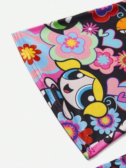 THE POWERPUFF GIRLS X  مجموعة تي شيرت وبنطلون واسع بطبعة كارتونية للفتيات من نوع تويين، بأكمام قصيرة باللون الوردي وديكور عقدة
