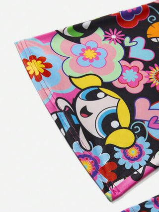 THE POWERPUFF GIRLS X  مجموعة تي شيرت وبنطلون واسع بطبعة كارتونية للفتيات من نوع تويين، بأكمام قصيرة باللون الوردي وديكور عقدة