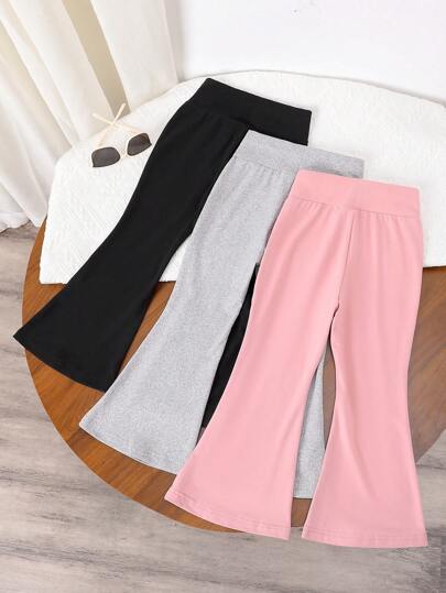 SHEIN Genkimix Kids 3 مجموعات فتاة شابة ، بنطلون مرتفع الخصر ذو تقويس واسع باللون الأحادي لفصلي الربيع والخريف، كاجوال