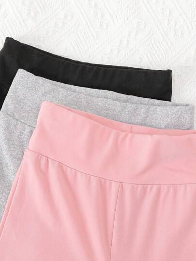 SHEIN Genkimix Kids 3 مجموعات فتاة شابة ، بنطلون مرتفع الخصر ذو تقويس واسع باللون الأحادي لفصلي الربيع والخريف، كاجوال