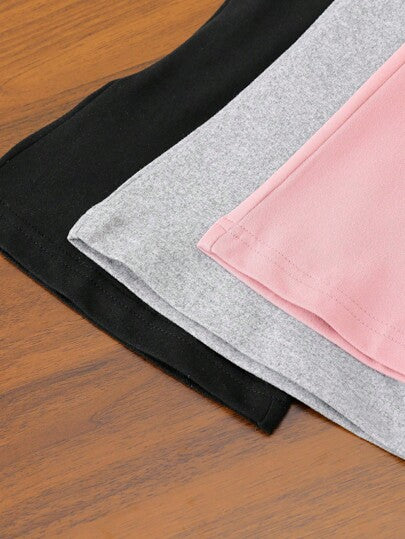 SHEIN Genkimix Kids 3 مجموعات فتاة شابة ، بنطلون مرتفع الخصر ذو تقويس واسع باللون الأحادي لفصلي الربيع والخريف، كاجوال