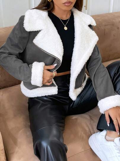 SHEIN EZwear معطف نسائي مبطن بالتيدي، جاكيت موتو أمامي مفتوح من السويد، جاكيت مخمل دافئ، جاكيت بيكسيز، جاكيت بناتي من الشيربا، جاكيت دب التيدي في فصل الخريف/الشتاء