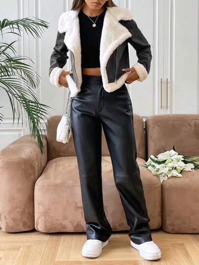 SHEIN EZwear معطف نسائي مبطن بالتيدي، جاكيت موتو أمامي مفتوح من السويد، جاكيت مخمل دافئ، جاكيت بيكسيز، جاكيت بناتي من الشيربا، جاكيت دب التيدي في فصل الخريف/الشتاء