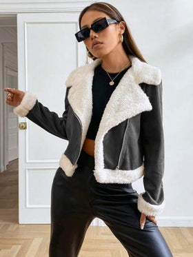 SHEIN EZwear معطف نسائي مبطن بالتيدي، جاكيت موتو أمامي مفتوح من السويد، جاكيت مخمل دافئ، جاكيت بيكسيز، جاكيت بناتي من الشيربا، جاكيت دب التيدي في فصل الخريف/الشتاء