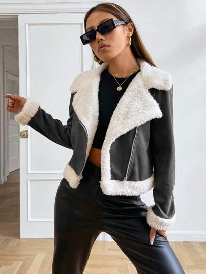 SHEIN EZwear معطف نسائي مبطن بالتيدي، جاكيت موتو أمامي مفتوح من السويد، جاكيت مخمل دافئ، جاكيت بيكسيز، جاكيت بناتي من الشيربا، جاكيت دب التيدي في فصل الخريف/الشتاء