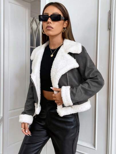 SHEIN EZwear معطف نسائي مبطن بالتيدي، جاكيت موتو أمامي مفتوح من السويد، جاكيت مخمل دافئ، جاكيت بيكسيز، جاكيت بناتي من الشيربا، جاكيت دب التيدي في فصل الخريف/الشتاء