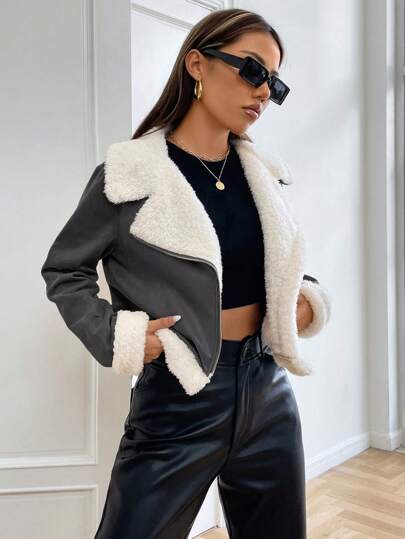 SHEIN EZwear معطف نسائي مبطن بالتيدي، جاكيت موتو أمامي مفتوح من السويد، جاكيت مخمل دافئ، جاكيت بيكسيز، جاكيت بناتي من الشيربا، جاكيت دب التيدي في فصل الخريف/الشتاء