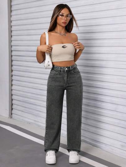 PETITE سراويل جينز نسائية مستقيمة واسعة مريحة ذات جيوب