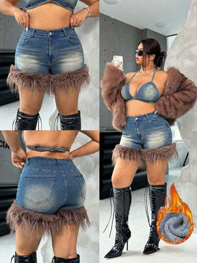 SHEIN ICON شورتات جينز ممزقة ب، طراز شارع جريء فائق القصر بحافة مبرودة، بلون أزرق