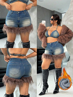 SHEIN ICON شورتات جينز ممزقة ب، طراز شارع جريء فائق القصر بحافة مبرودة، بلون أزرق