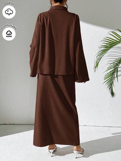طقم حريمي قطعتين Mulvari مجموعة 2 قطعة للنساء: توب كم طويل أزرار أمامية لون واحد وتنورة ملفوفة شبكية, مجموعة كاجوال من قطعتين