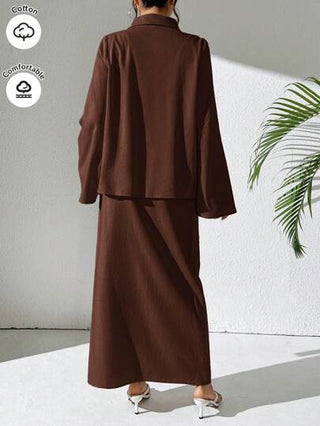 طقم حريمي قطعتين Mulvari مجموعة 2 قطعة للنساء: توب كم طويل أزرار أمامية لون واحد وتنورة ملفوفة شبكية, مجموعة كاجوال من قطعتين