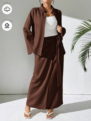 طقم حريمي قطعتين Mulvari مجموعة 2 قطعة للنساء: توب كم طويل أزرار أمامية لون واحد وتنورة ملفوفة شبكية, مجموعة كاجوال من قطعتين