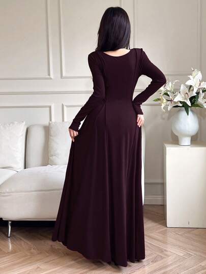 Modelyn ثوب نسائي أنيق بلون موحد عند الخصر , خريفي