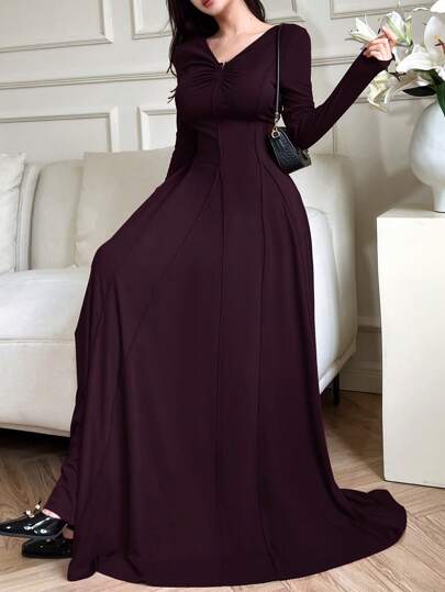 Modelyn ثوب نسائي أنيق بلون موحد عند الخصر , خريفي