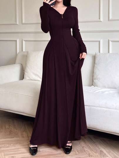 Modelyn ثوب نسائي أنيق بلون موحد عند الخصر , خريفي