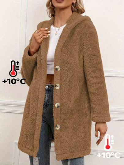 معطف كاجوال طويل الأكمام دافئ بسحاب وأزرار من الفراء باللون الأحادي للنساء